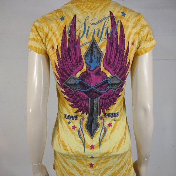 Sinful by Affliction yellow animal print short sleeve graphic t-shirt Medium - Picture 7 of 10